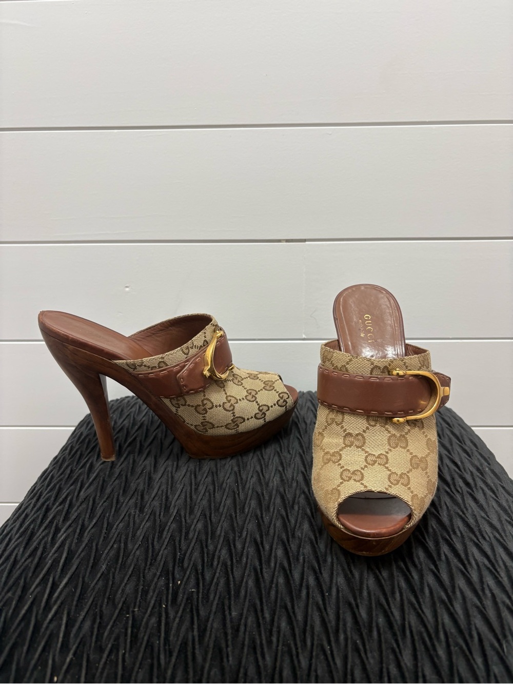 Gucci Beige Brown GG Canvas Platform Mule Heels with Gold Buckle
